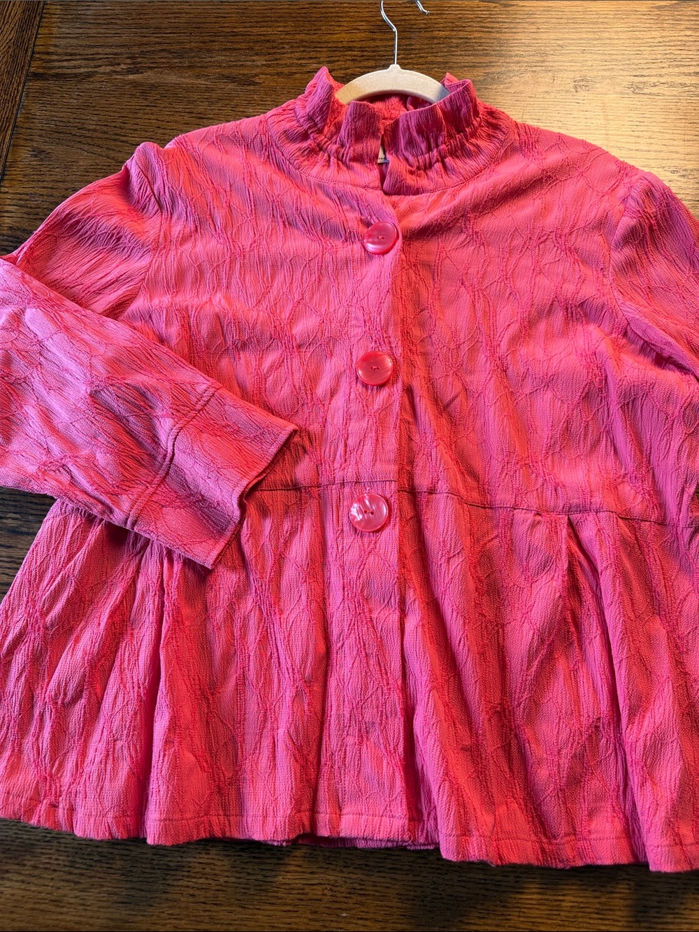 Artsy lagenlook Pink Textured Peplum Jacket Ruffle Collar Habitat L